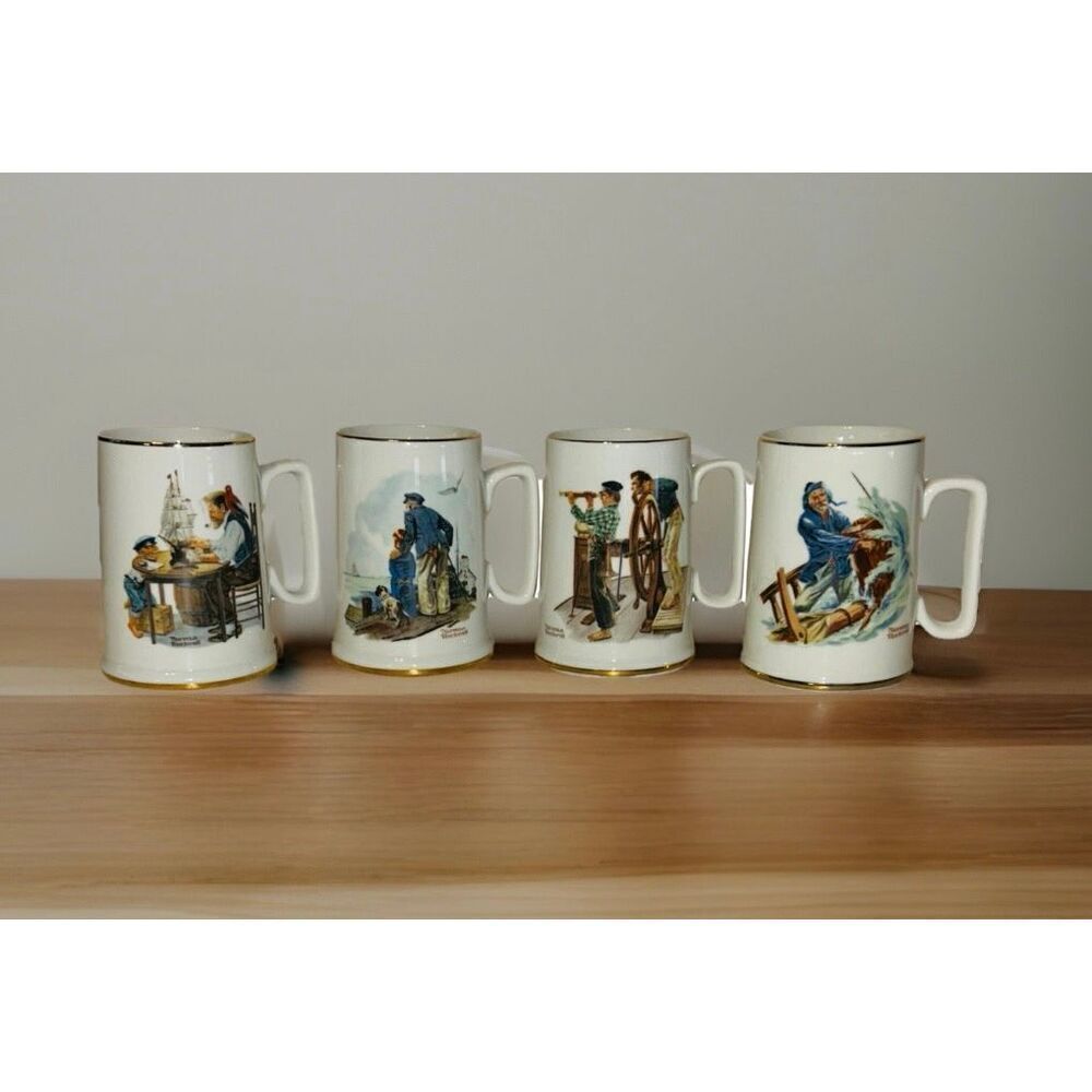 Vintage Set Of 4 Norman Rockwell Museum Tankard Mugs Seafarers Collection